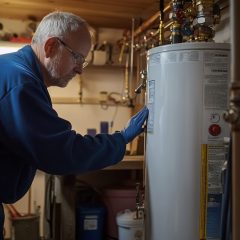 Plumber Inspecting Water Heater in Basement